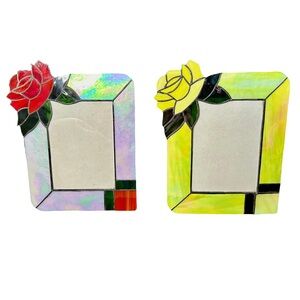 Vintage Iridescent Stained Glass Picture Frames W/ Rose Design— Set Of 2